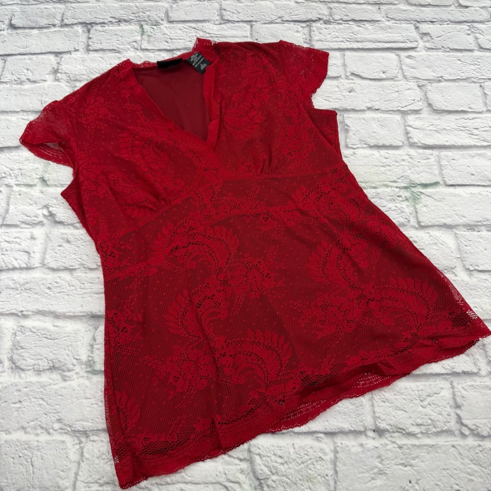 New York & Company Womens Red Lace Cap Sleeve Blouse V-Neck Top Large